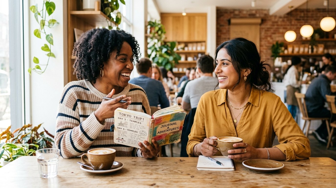 Natürliches Englischlernen durch regelmäßige Konversation Erwachsene im entspannten Gespräch auf Englisch im Café - Methoden für natürliches Sprechen und Immersion